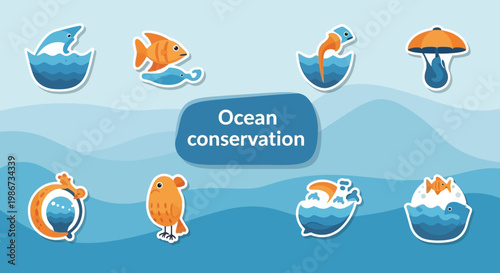 Ocean Conservation Icons - Marine Life and Environmental Protection.