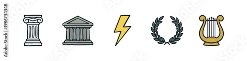 Five classic icons: column, building, lightning bolt, laurel wreath, and lyre.