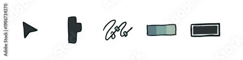 Five black and white doodle icons: play button, pause button, signature, gradient rectangle, rectangle.