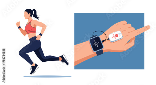 Active woman running outdoors next to a close-up of a smartwatch tracking heart rate and health data during her exercise routine.