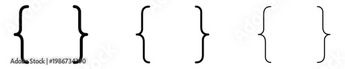 Set of linear curly brace icons with different stroke weights. Minimalist graphic elements for text formatting, programming, and mathematical formulas. Vector illustration.