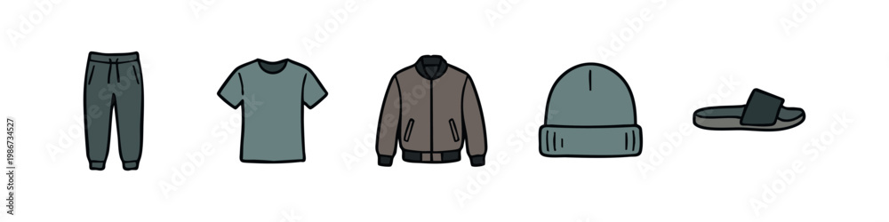 Naklejka premium Casual clothing icons: sweatpants, t-shirt, bomber jacket, beanie, slide