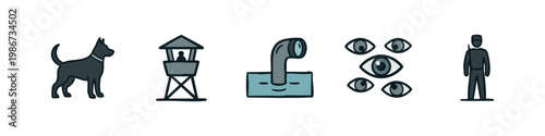 Icons related to security and observation: dog, guard tower, periscope, eyes, guard