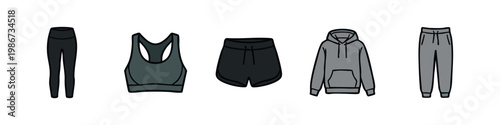 Athleisure wear icons: leggings, sports bra, shorts, hoodie, sweatpants