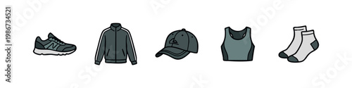 Sports and active wear icons: sneaker, track jacket, cap, tank top, socks