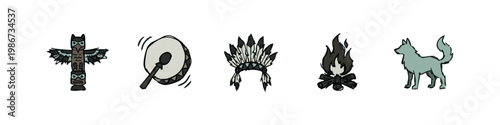 Native American Icons: Totem Pole, Drum, Headdress, Campfire, Wolf