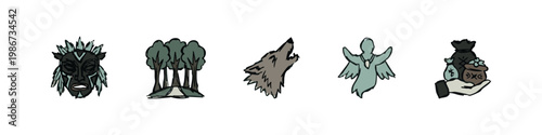 Mysterious Icons: Tribal Mask, Forest, Howling Wolf, Angel, Money Bag