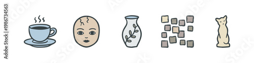 Softly Colored Icons: Blue Coffee, Pale Face, Leaf Vase, Tiles, Cat