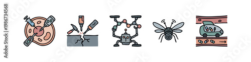 Medical and Tech Icons: Cell, Hammer, Robot, Fly, Nanobot