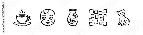 Quirky Objects: Hot Coffee, Cracked Doll Face, Floral Vase, Squares, Puppy