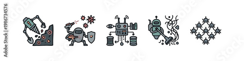 Robotics and Cyber Security Icons: Drill Robot, Virus Defense, Data Robot, Sweeper Bot
