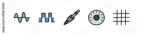 Audio and Measurement Icons: Waveform, Square Waves, Jack Plug, Gauge, Grid
