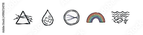 Vector graphic icons: prism, light, refraction, water drop, rainbow
