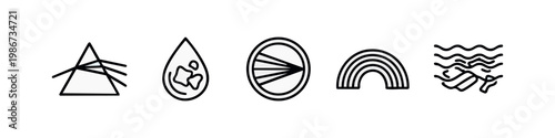 Vector graphic icons: prism, light, refraction, water drop, rainbow, waves