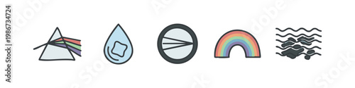 Vector graphic icons: prism, refraction, light, water, rainbow, waves