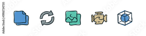Vector graphic icons: files, refresh, images, engine, cube