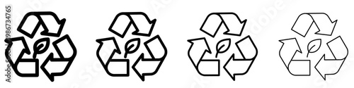 Set of linear recycling symbol icons with a leaf in the center. Minimalist signs for eco-friendly disposal and environmental protection. Vector illustration.