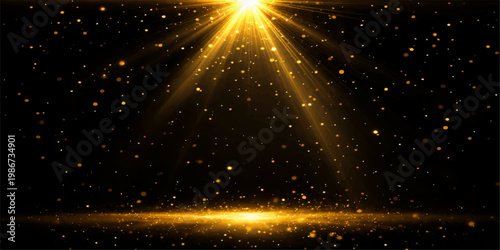 Abstract Golden Spotlight: An ethereal beam of golden light descends, illuminating a stage set against a dark canvas, creating a sense of drama and allure. for Website. Background, Branding