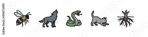 Wild and domestic animal icons with plant roots