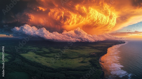Dramatic Sky Over Coastal Forest: A breathtaking, fiery sky looms over a lush green coastal forest and the ocean, with dramatic clouds painted in hues of orange, yellow, and white, at sunset.