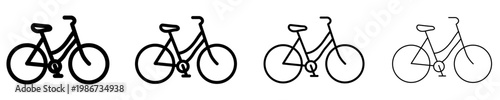 Set of linear female city bicycle icons. Minimalist symbols for eco-friendly transport, outdoor activities, and a healthy lifestyle. Vector illustration.