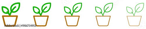 Set of linear potted houseplant icons. Minimalist symbols for home comfort, ecology, and growth. Vector illustration.