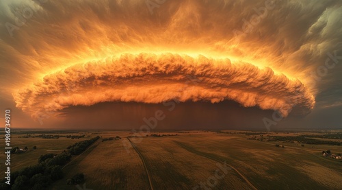 Stormy Sky Phenomenon: A breathtaking shelf cloud formation paints the sky with dramatic textures and fiery colors at sunset, hovering menacingly over a vast, empty landscape.
