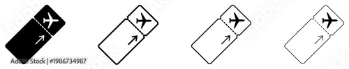 Set of linear airplane ticket icons with a plane symbol. Minimalist signs for travel, flight booking, and tourism. Vector illustration.