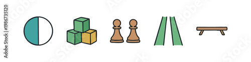 Doodle Icons Set: Circle Segment, Blocks, Chess Pawns, Path, Bench