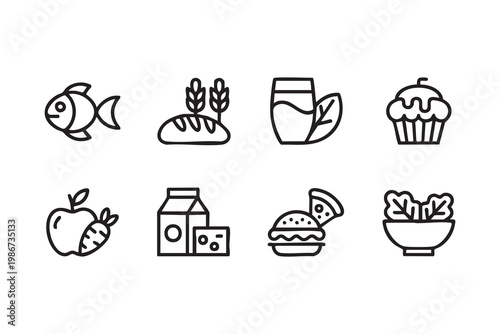 Food And Nutrition Icons Set For Healthy And Fast Food Concepts