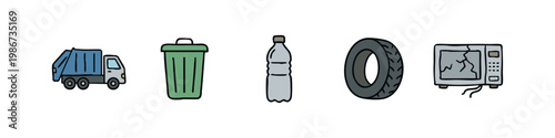 Recycling and waste management icons: garbage truck, bin, bottle, tire, microwave
