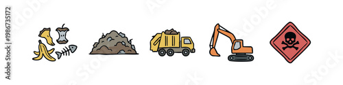 Icons representing waste and construction: food scraps, dirt pile, dump truck, excavator, hazard symbol