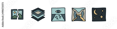 Doodle Icons Set: Broken Phone, Layers, Eye in Box, Abstract Shapes, Night Sky