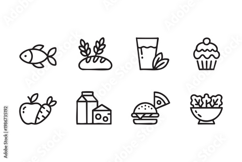 Food Icons Collection With Fruits Vegetables And Fast Food Items