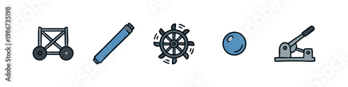 Industrial and mechanical icons: scaffold, pipe, steering wheel, sphere, lever