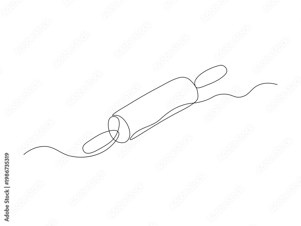 Fototapeta premium rolling pin lies ready for dough work its cylindrical body and rounded handles promise smooth pastry preparation.home baking. Continuous single one line hand drawing sketch logo on white background.