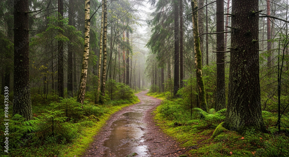 Fototapeta premium Rainy Forest Path – Tranquil Journey. path in the forest, rainy, forest, path, trees, solitude, nature, 8k, tree, mist, sun, woods, landscape