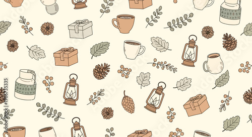 Seamless pattern with hand drawn autumn elements, cozy fall season background.