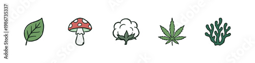 Nature icons: leaf, mushroom, cotton, cannabis leaf, coral