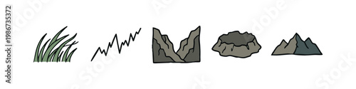 Landscape and rock formation icons: grassy hill, sharp rocks, weathered stone