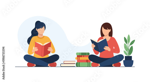 Two young women are sitting on the floor and reading books together, with a stack of books and a small potted plant in the background.