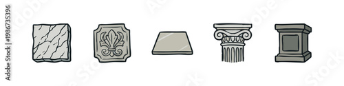 Architectural and stone icons: marble block, carved stone, stone slab, column, pedestal
