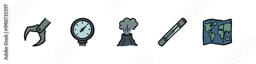 Tools and map icons: claw, pressure gauge, volcano, fuse, map