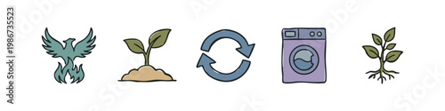 Hand-drawn icons representing growth, nature, and recycling.