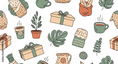 Seamless pattern with various cozy elements and plants.