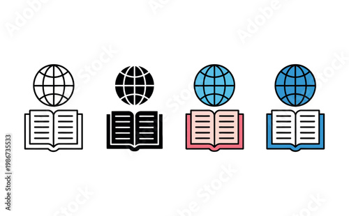 Global education icons set online learning open book world globe symbol international knowledge digital library concept for modern education design