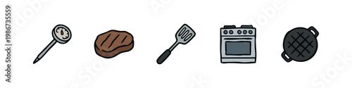 Icons for cooking steak: thermometer, steak, spatula, stove, grill pan.