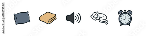 Icons representing sleep and rest: pillow, blanket, sound, sleeping person, alarm clock.