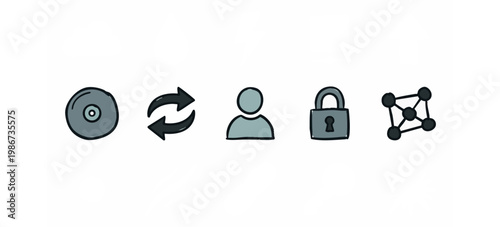 Icons related to data and security: disk, refresh arrows, person, lock, network.