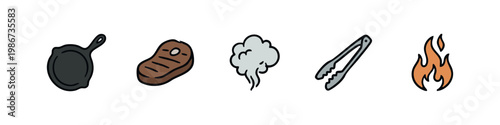 Icons related to cooking steak: cast iron pan, steak, steam, tongs, fire.